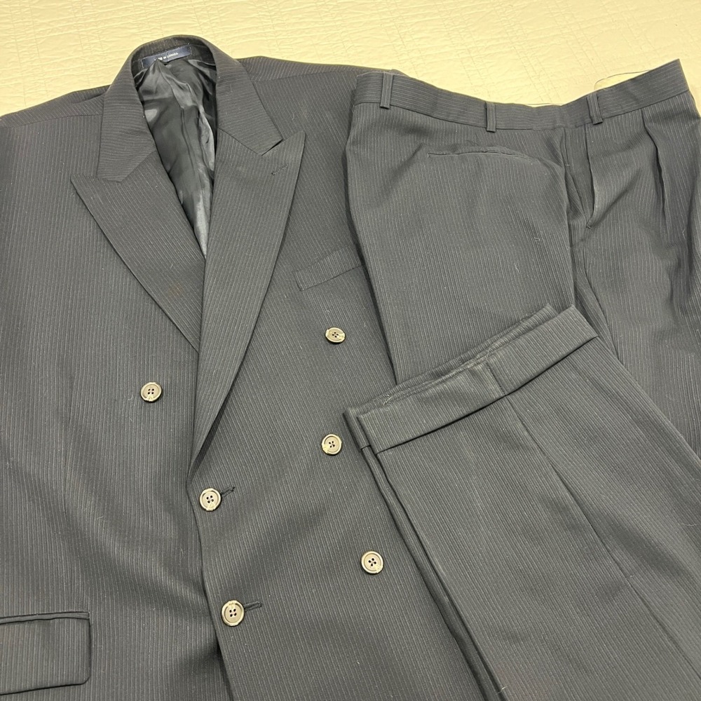Ralph Lauren Mens Navy Textured Pinstripe Double Breasted Suit 48R 1998 *note